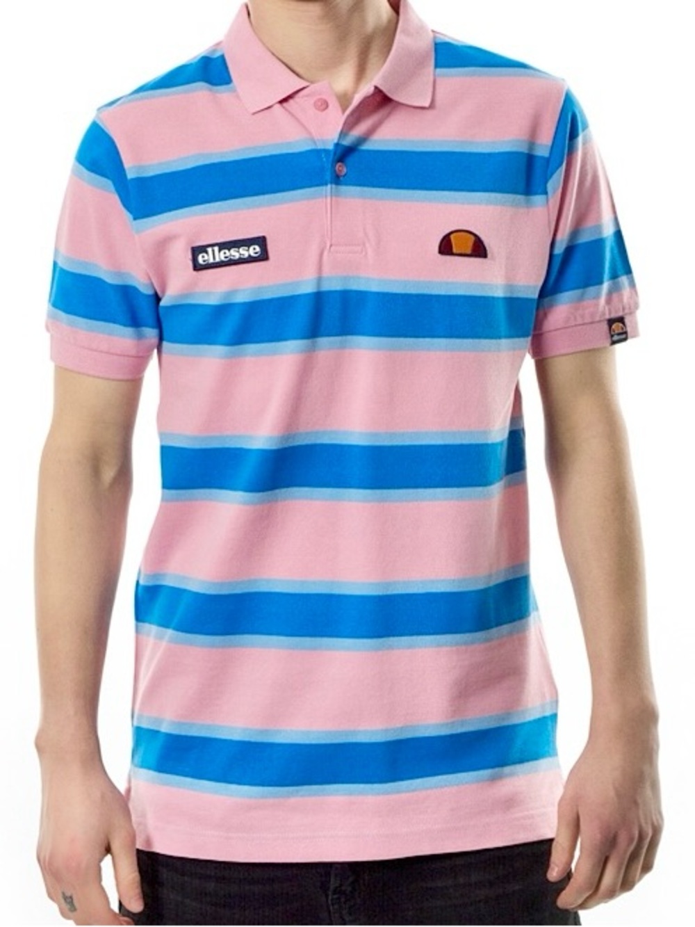 NWT ELLESSE HERITAGE MARONO PIQUE POLO SHIRT SMALL PINK BLUE STRIPE SHORT SLEEVE